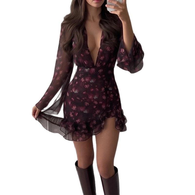 European and American women's clothing, new spring models, deep V-neck floral print ruffle edge long-sleeved dress