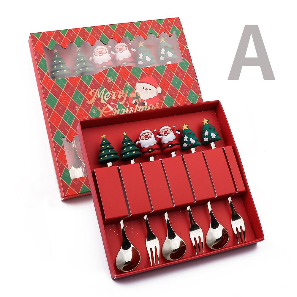 Christmas Spoon Set Cute Coffee Spoon Creative Stirring Spoon Fork Dessert Fork Christmas Gift Box Cutlery 4-Piece