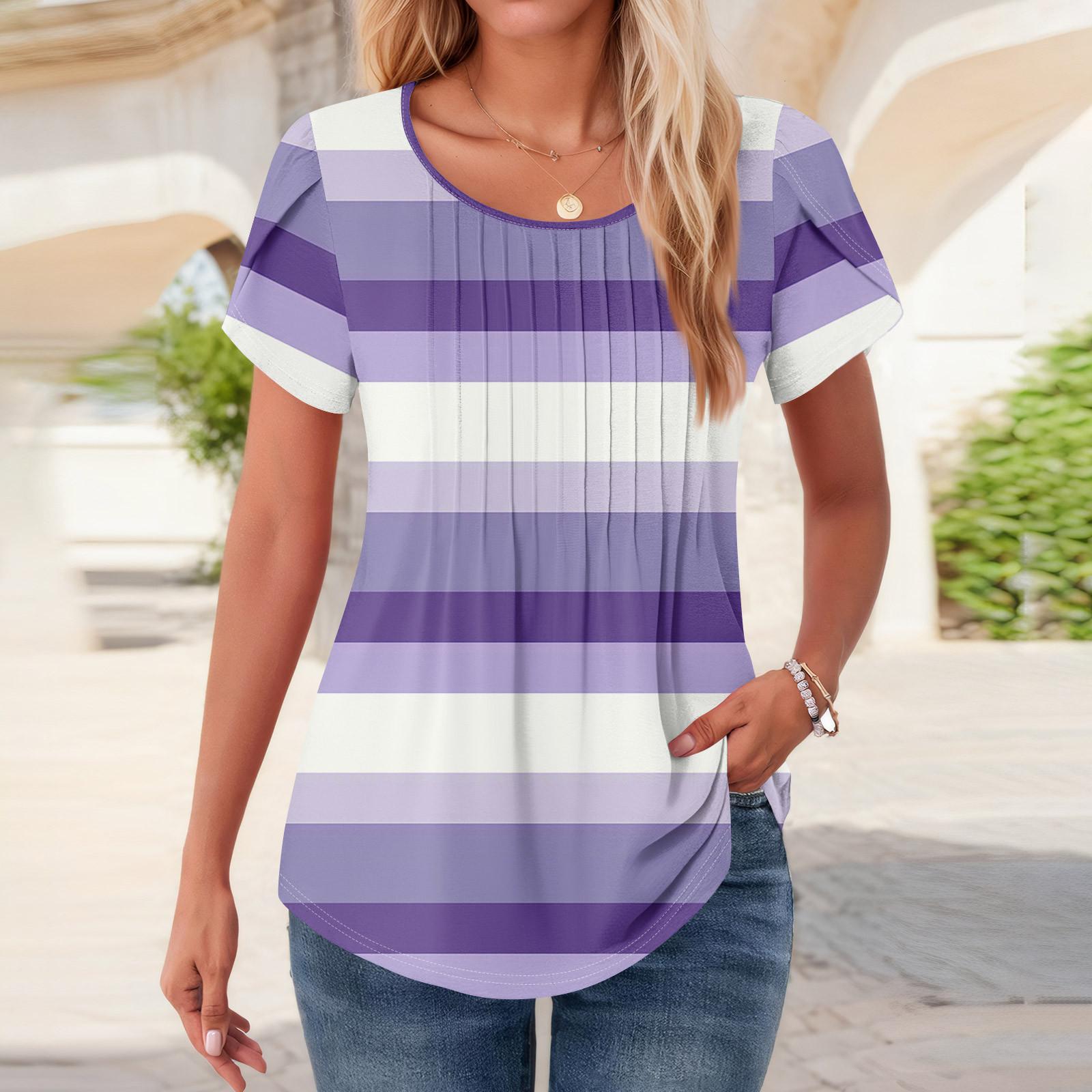 

Женские топы с коротким рукавом и круглым вырезом, летние рубашки с цветочным принтом, блузки для женщин, нарядные повседневные XL фиолетовый