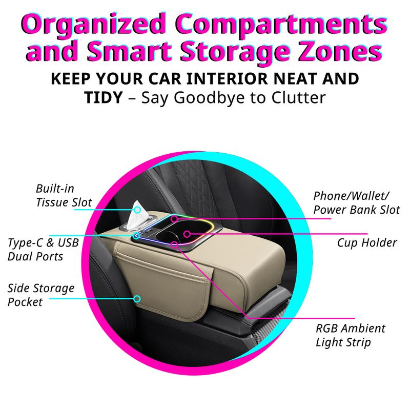Multifunctional Car Armrest Cushion Center Console Pillow Seat Cover with Storage Organizers Cup Holder Tissue Box Phone Slot