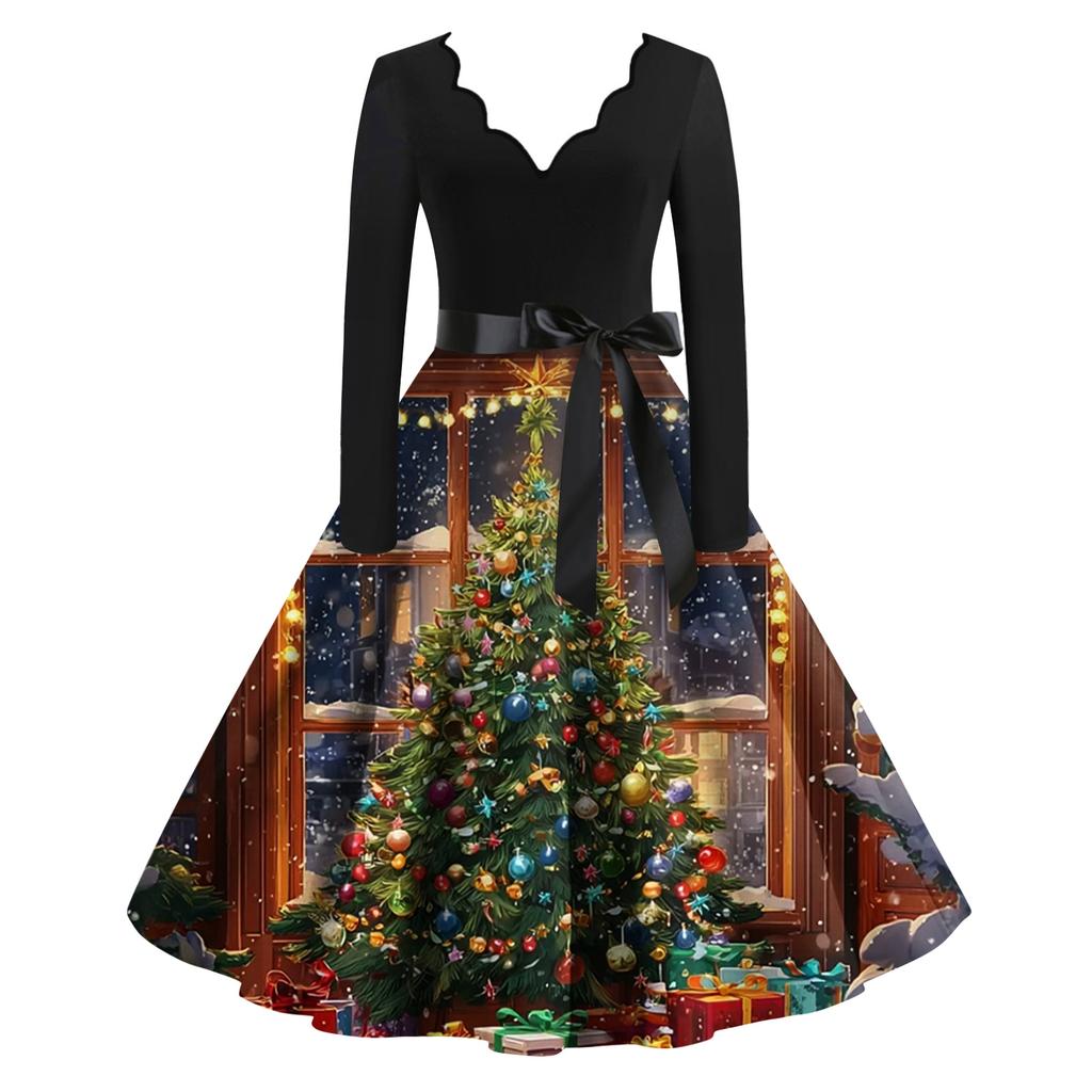 Damen Lässig Und Modisch V-Ausschnitt Langärmlig Weihnachten Bedrucktes Kleid