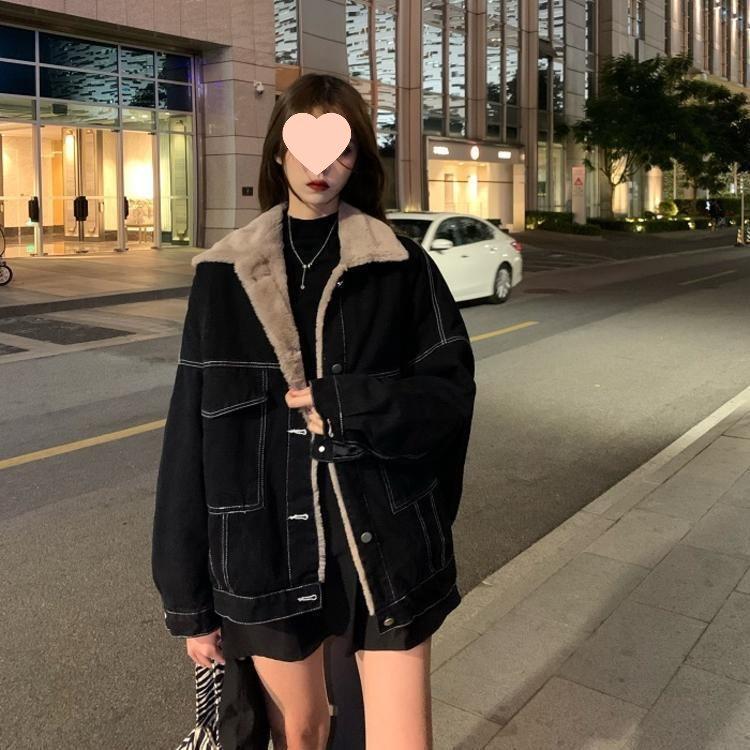 Women's Fleece-Lined Denim Jacket - 2025 Autumn/Winter Korean Casual Workwear, Cotton-Padded, Hong Kong Style, Versatile and Loose Fit