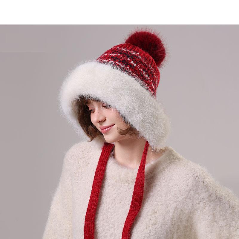 Winter Retro Big Fur Collar Fur Ball Knitted Hat Women's Outdoor Windproof Face Protection Hat