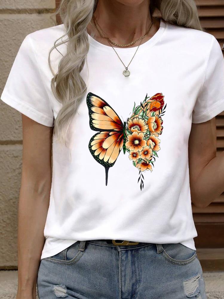 (Asian Size) Tee Top Women Fashion Female Clothing T Shirt Woman Print  butterfly floral trend 90s Short Sleeve Graphic T-shirts