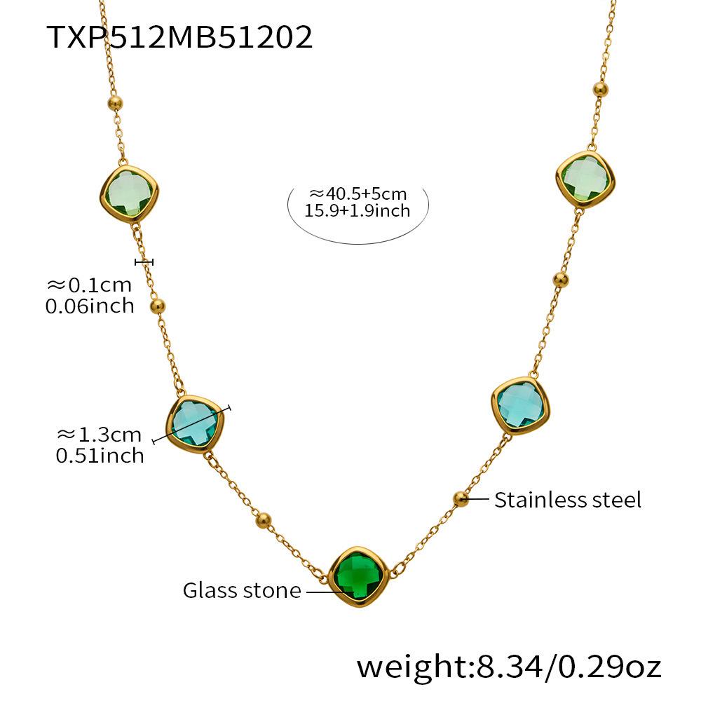 Stylish European & American Stainless Steel Jewelry Set with Square Faceted Glass Stones: Includes Bracelet, Necklace, and Earrings