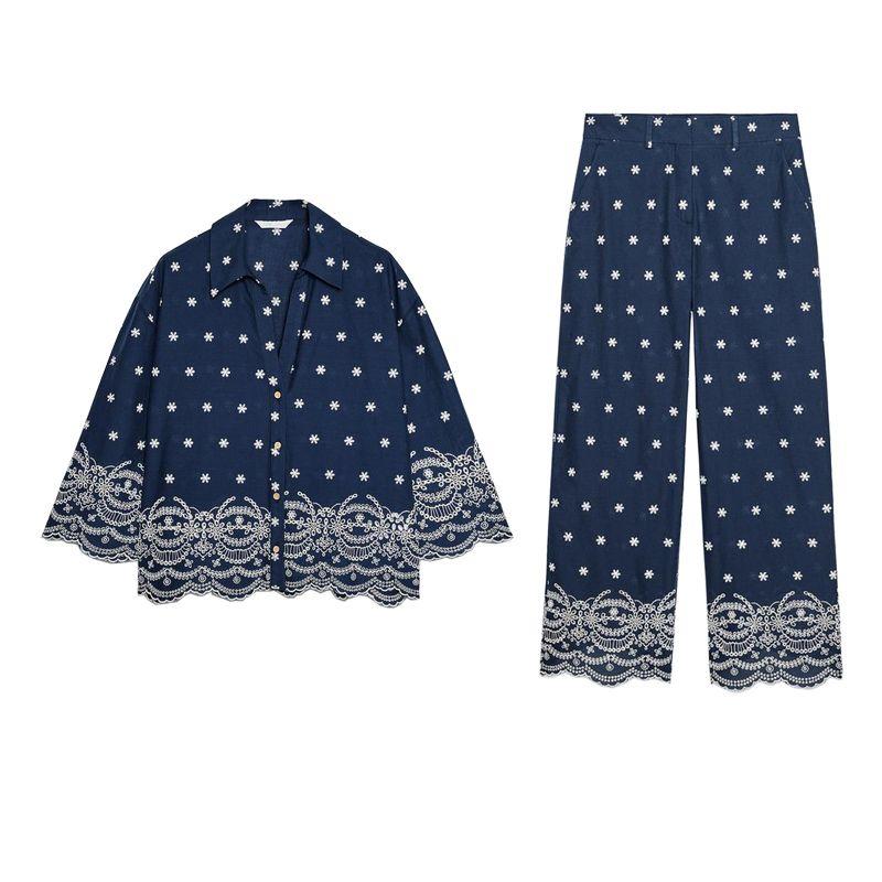 Embroidered High Waist Wide Leg Casual Trousers 3584837 Print Embroidered Trendy Casual Shirts 2435837