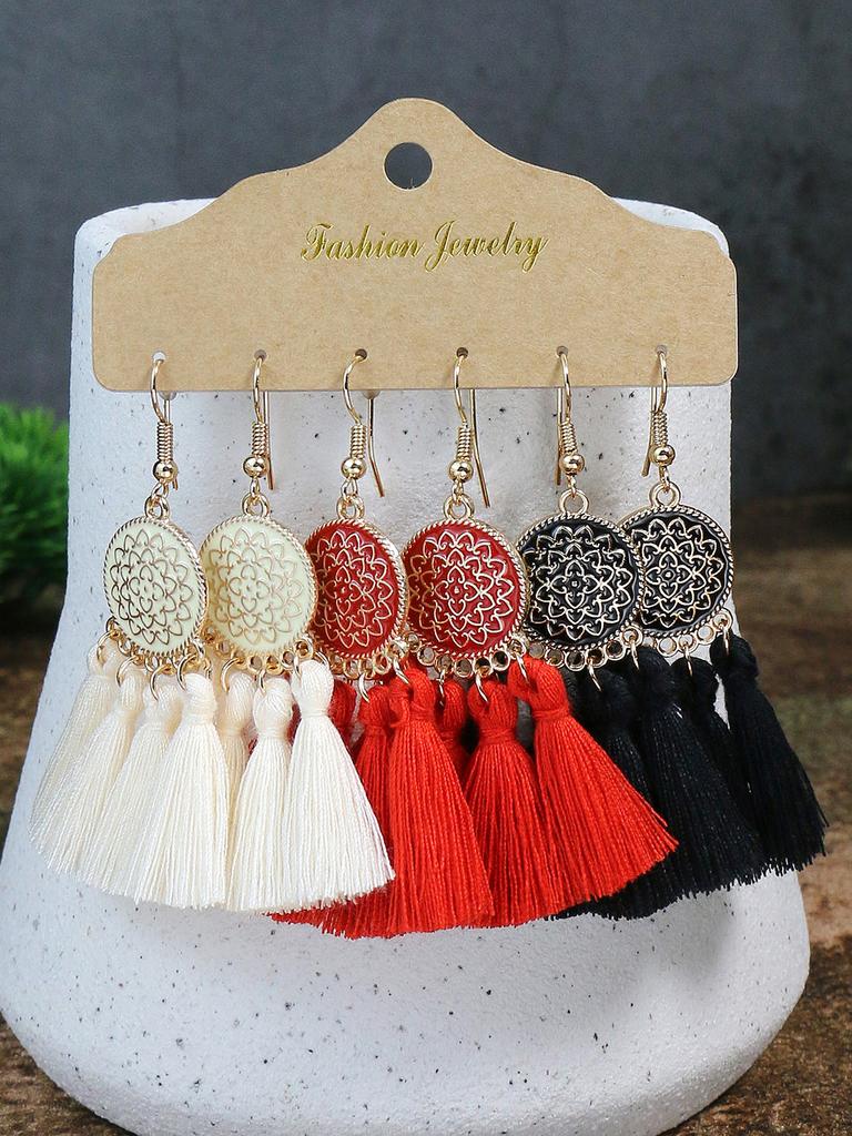 Bohemian Round Colored Glaze Alloy Earring Set Retro Ethnic Style Long Tassel Earrings Women's Girls' Personalized Zircon