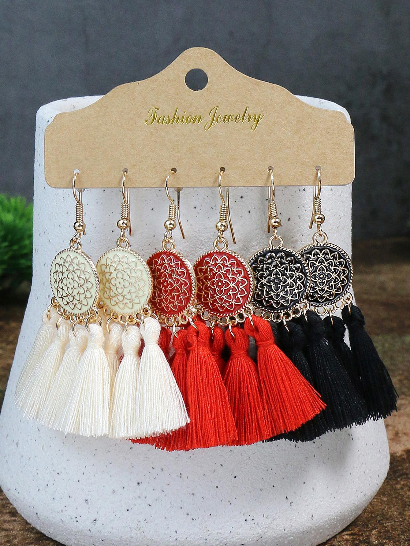 

Bohemian Round Colored Glaze Alloy Earring Set Retro Ethnic Style Long Tassel Earrings Women s Girls Personalized Zircon