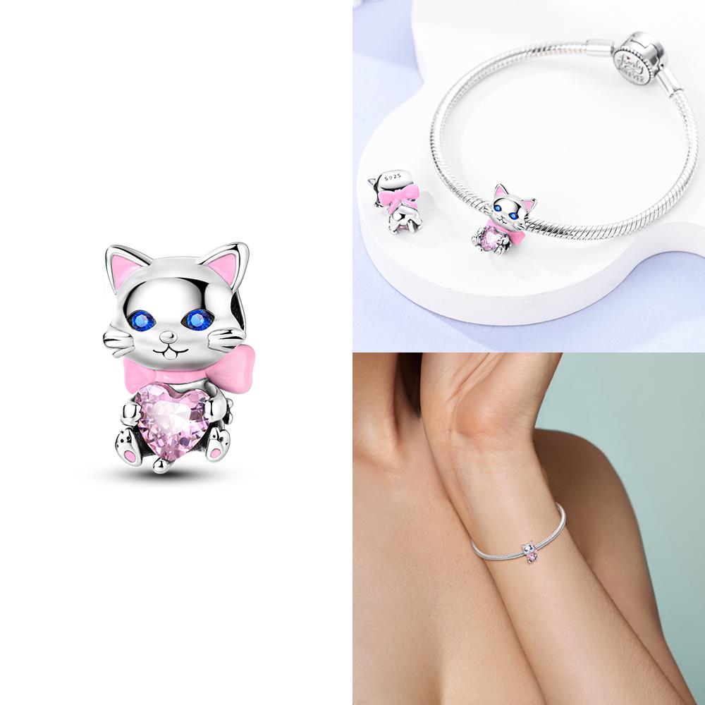 Original Copper Pink Zircon Cats Dogs Red Heart Squirrels Bead Fit Bracelet Women Jewelry Diy Children'S Day Gift