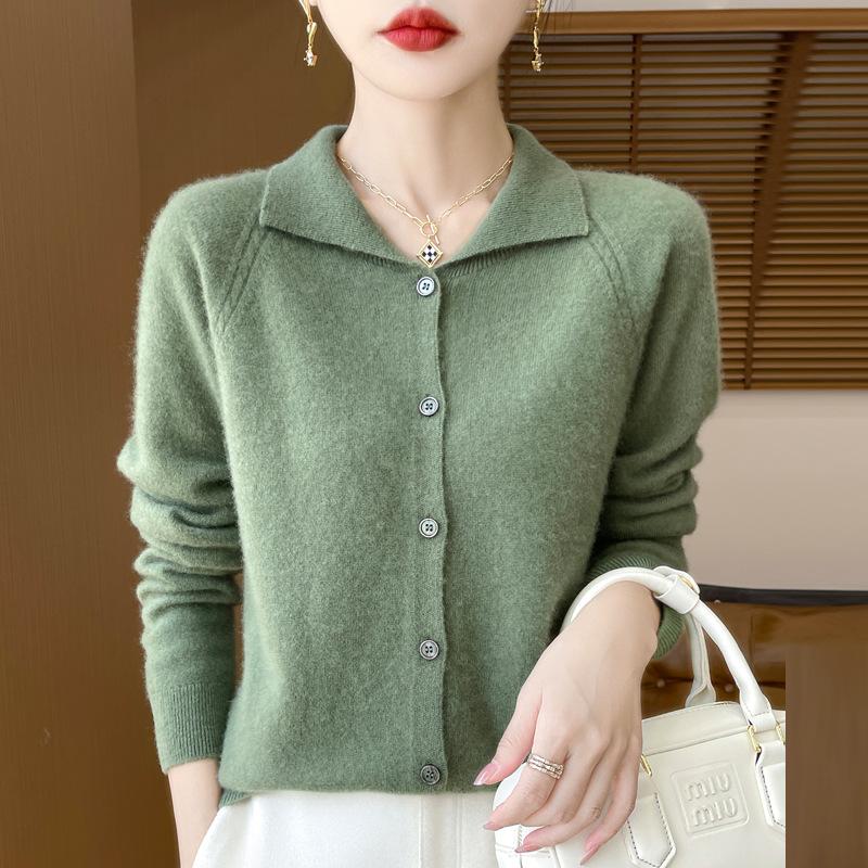 Autumn and Winter Style Doll Collar Versatile Women's Loose Pure Wool Cardigan Age-reducing Top Polo Collar Sweater Knitted Sweater