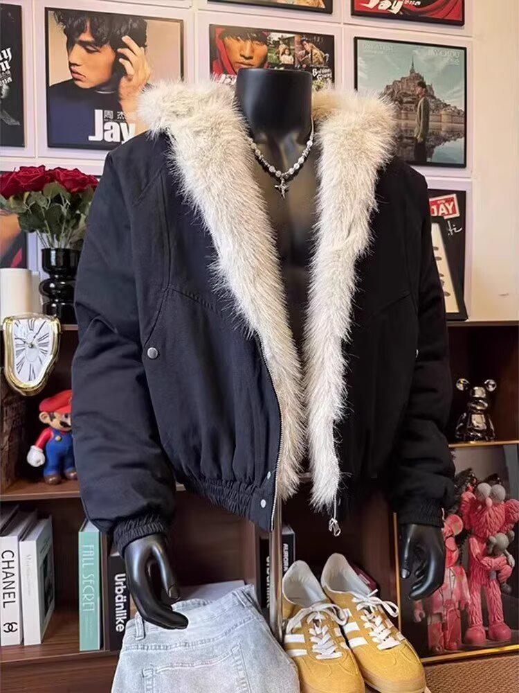 Herrvinter Retro Vittygöring Bomullsjacka med Pälskrage Huva