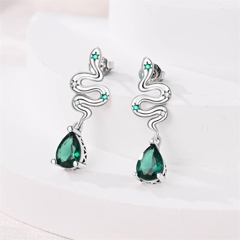 Snake Earrings 925 Silver Green Zircon Mysterious Spirit Snake Ear Studs For Women Formal Anniversary Birthday Party Jewelry
