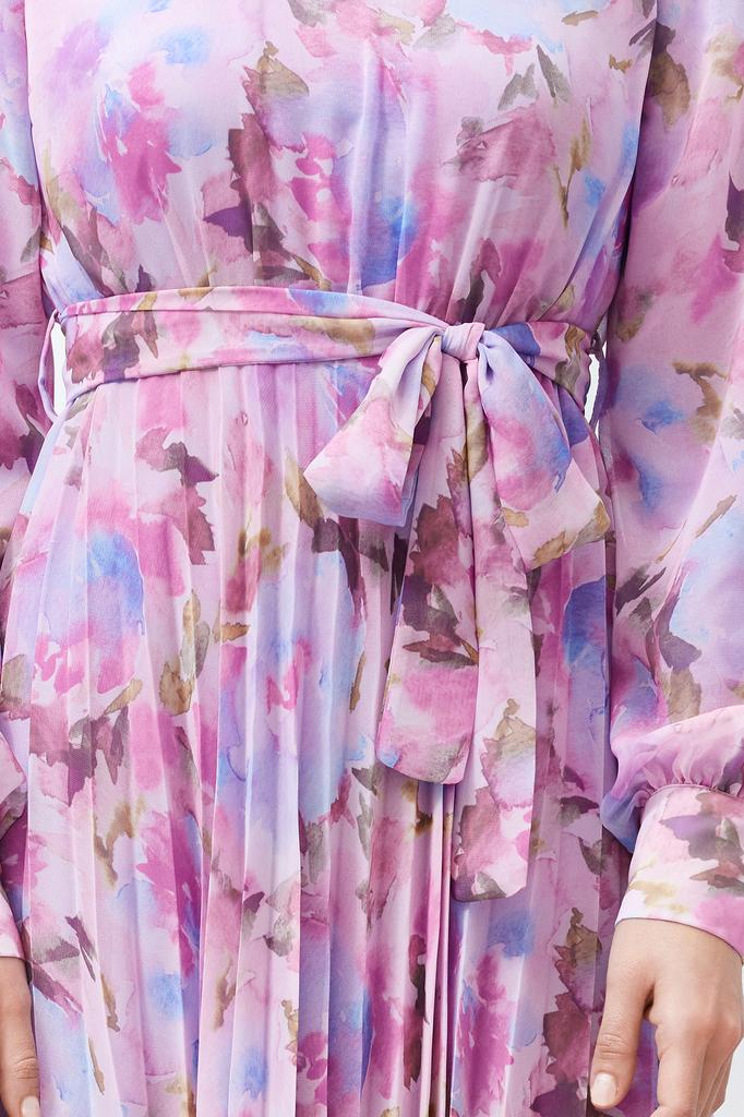 Women's Hijab Dress New Season Fashion Multi-Colored Floral Belt Detailed Lined Pleated Chiffon Woven Dress