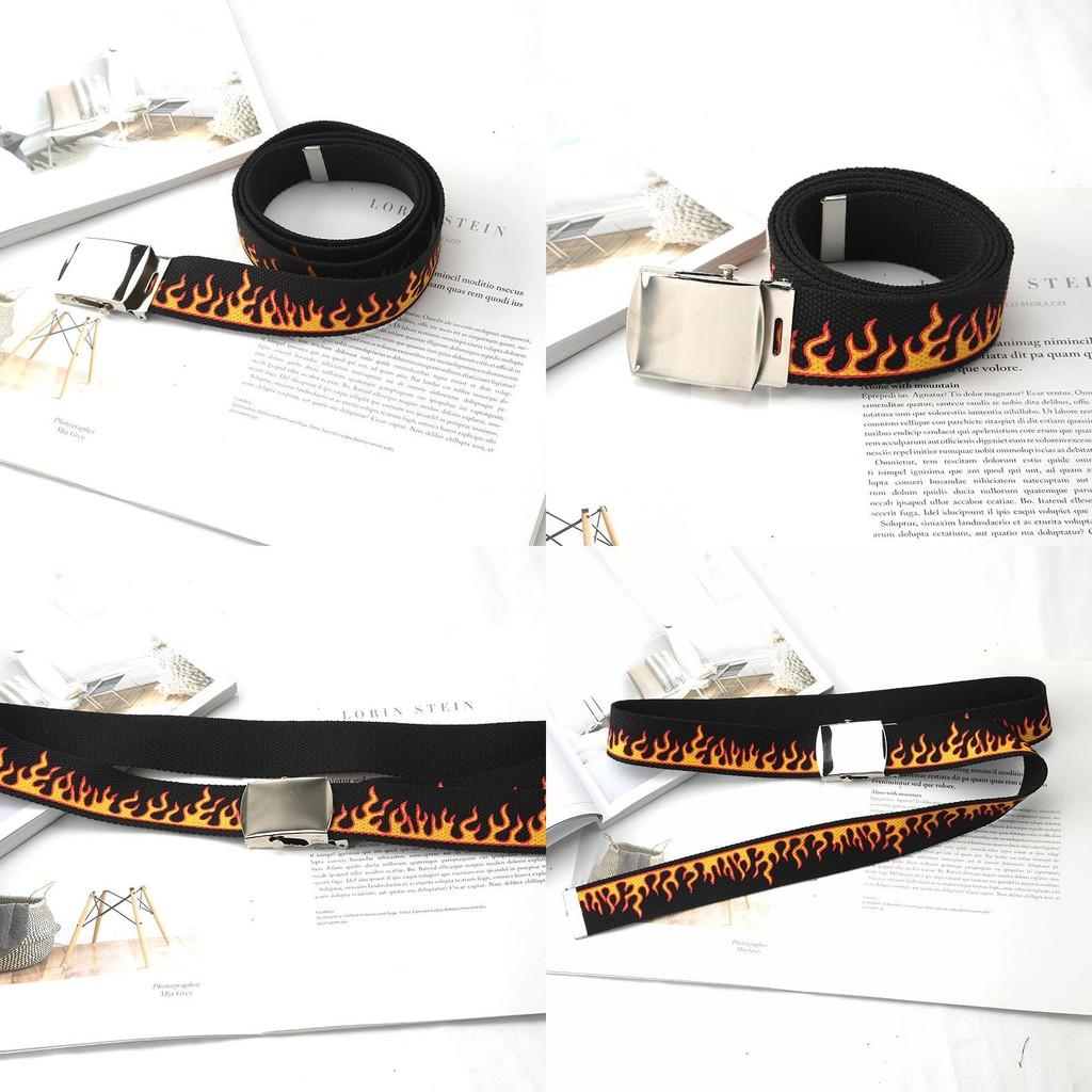 Fashionable Flame Pattern Metal Buckle Decoration Woven Canvas Belt For Men And Women Casual Style