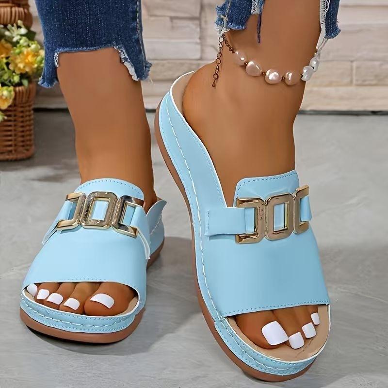 Sandali Donna Fibbia Metallica Punta Aperta Zeppa Suola Spessa Pantofole Taglie Forti Scarpe Casual Semplici