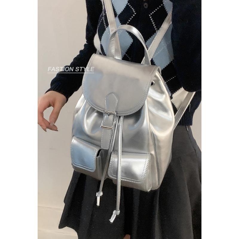 Leisure college style backpack women's 2025 new trendy fashion Korean version silver backpack simple portable travel bag
