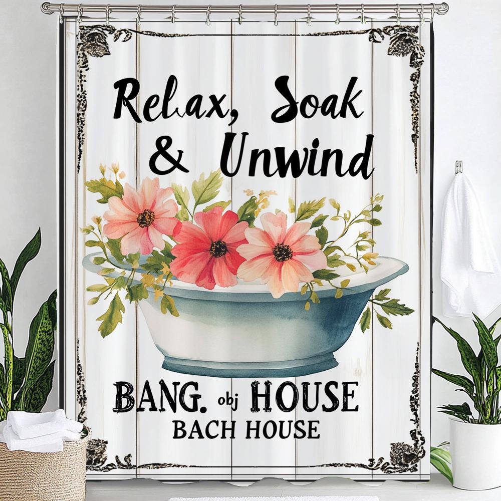 1Pc Flowers And Plants Bathtub Pattern Print Waterproof Shower Curtain Partition Privacy Hanging Curtain With Hooks Decoration
