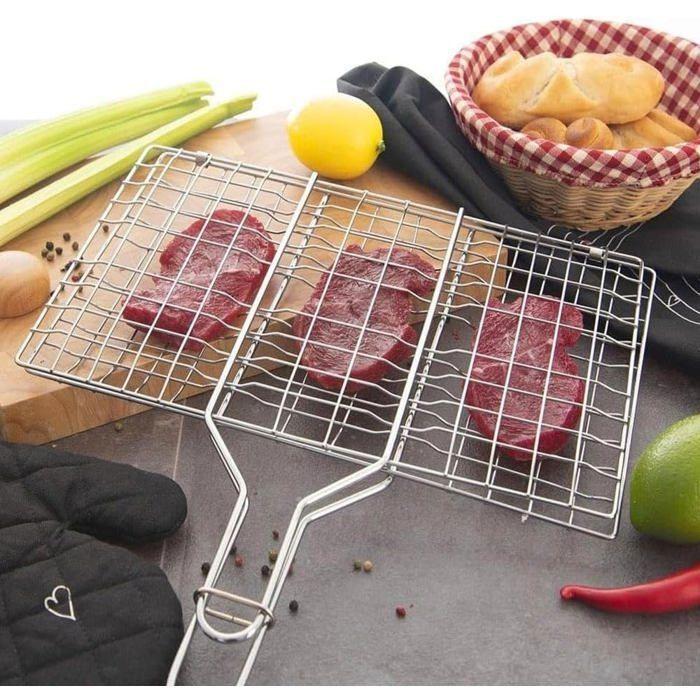 1 PCS Double Grille Barbecue Rectangle 34x22 cm en Acier Chromé avec Manche en Bois – Parfait pour des Grillades Maîtrisées RIDEAU