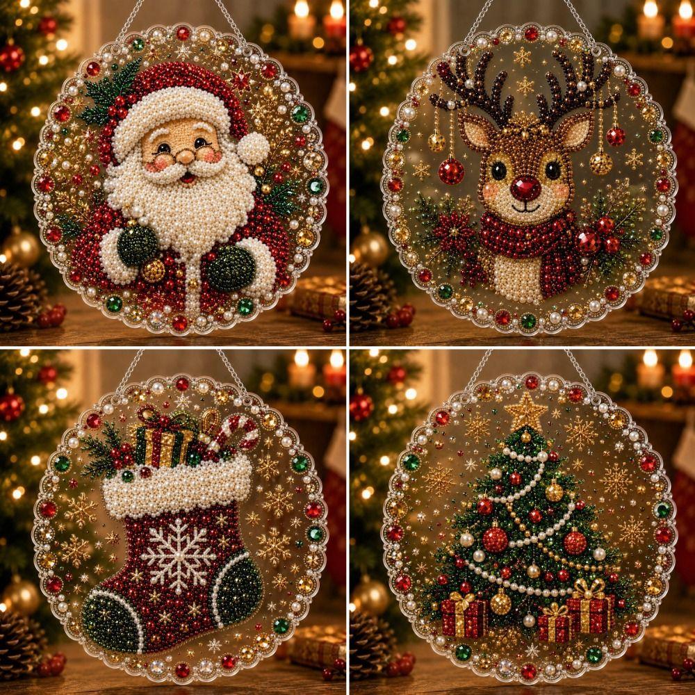 5D Christmas Diamond Painting Set Acrylic Round Board Xmas Acrylic Pendant Pearl Painting Kit Gift