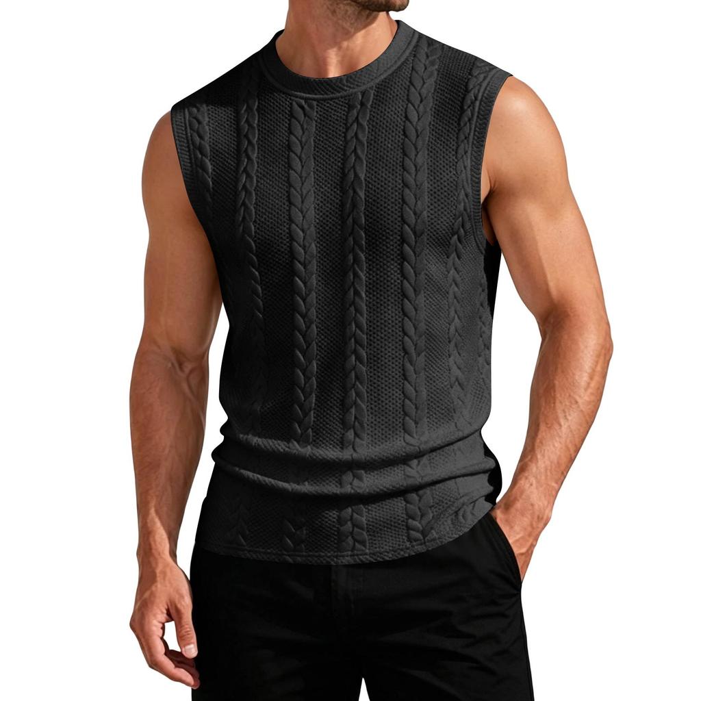 Men Sleeveless Vest Cable Knit Pattern Round Neck Pullover Sweater Lightweight Summer Spring Casual Knitwear