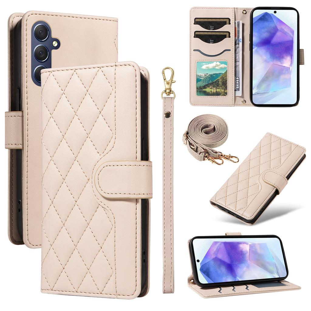 For Samsung Galaxy A55 5G Case Wallet Rhombus Leather Phone Cover with Shoulder Strap,Wrist Strap