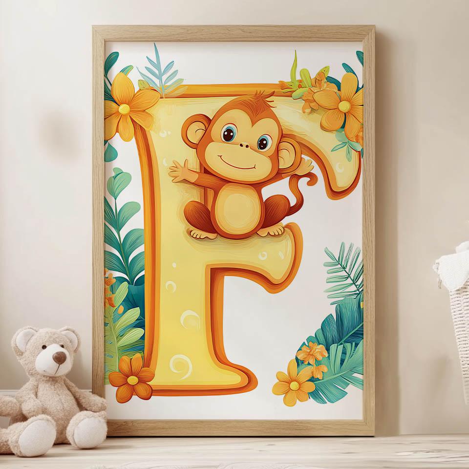 Poster Cheerful "F" With Monkey Poster Cheerful "F" With Monkey, 30X40 Cm, Dark Brown Wooden Frame, 230 Gsm Matte Paper