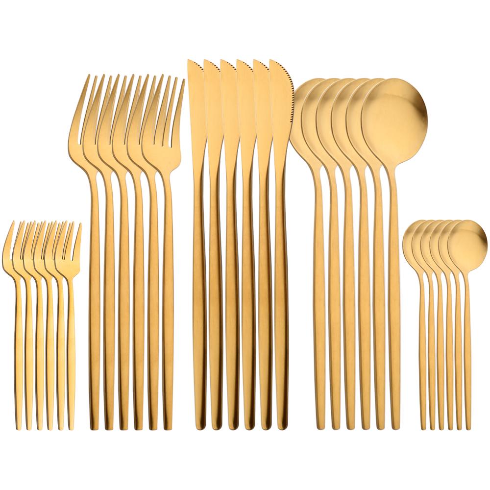 30-piece Black Handle Gold Cutlery Set Matte Finish Dinnerware Set Stainless Steel Knife Fork Spoons Kitchen Utensils Complete
