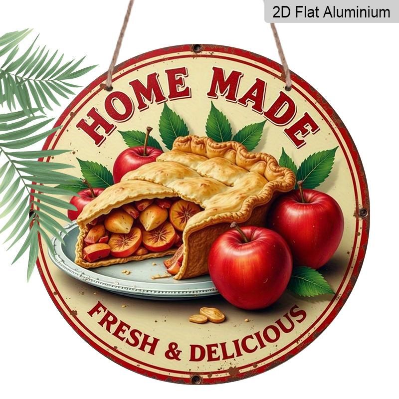 2D Flat 1pc, 8x8 in, Vintage-Style Aluminum Metal Sign - "Home Made" Apple Pie & Apples Decorative Wall Art, Garden Decor for Home, Bar, and More