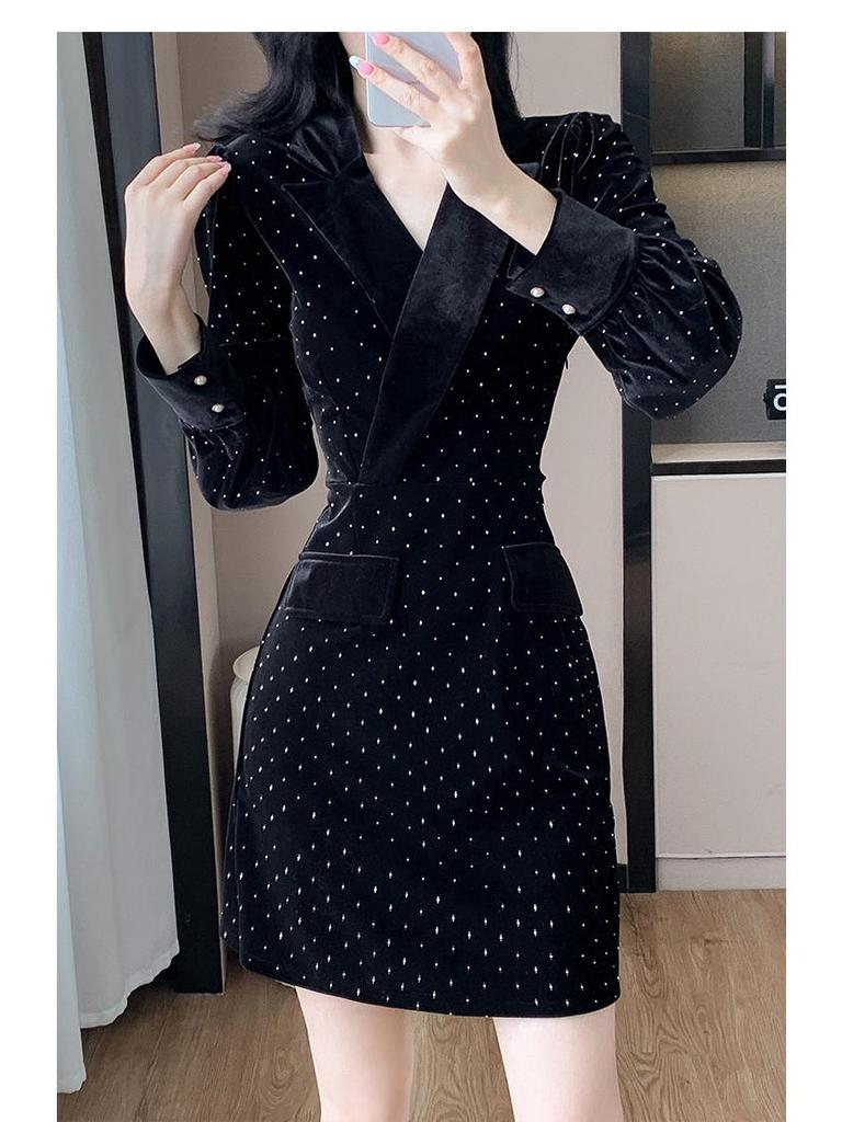 Gold Velvet Rhinestone Waist-Slimming Dress for Women