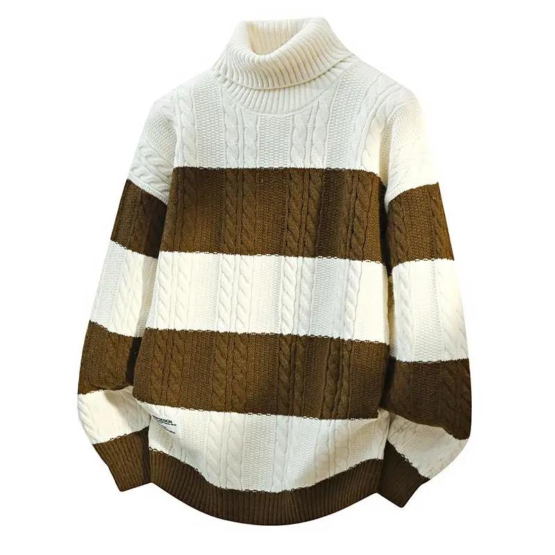 2026 Autumn Winter Men Striped Sweaters Men Turtleneck Casual Sweater Male Knitted Patchwork Jumper Man Streetwear Pullovers