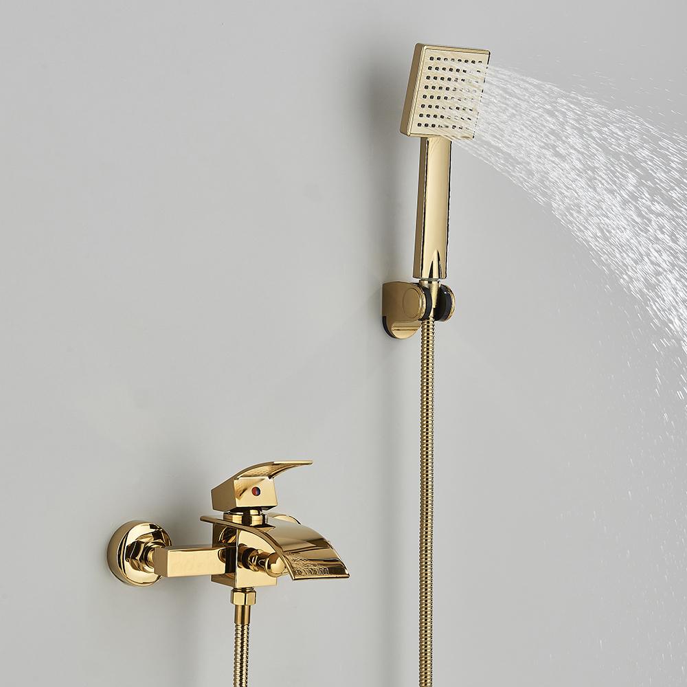

Золотой смеситель для ванны, латунный настенный кран для ванны с водопадом, смесители для душа в ванной, кран с ручным душем, смесители для холодной и горячей воды