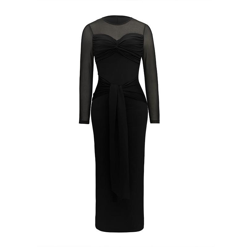 Women s Skirt Elegant Kink Strap Mesh Splicing Perspective Crew Neck Long Sleeve Dress Hip Wrap Skirt S чёрный