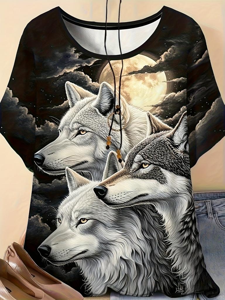 Neues Damen T-Shirt 3D Wolf Druck Rundhals Kurzarm Mode Grafik T-Shirts Lustige Streetwear Tops Y2k Lockeres T-Shirt Damen Kleidung