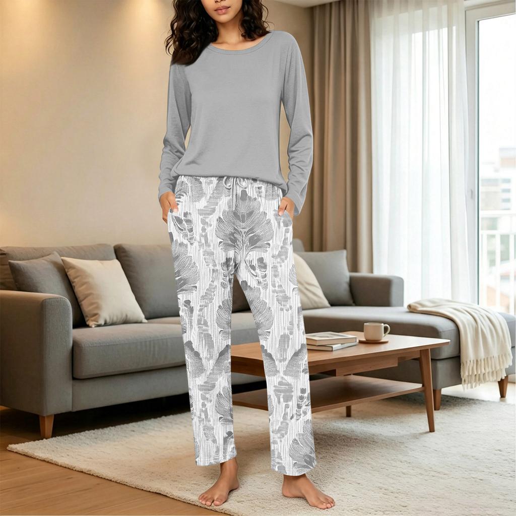 Women's Loose Fit Printed Pajama Set with Round Neck for Casual Sleepwear