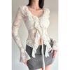 Damen Weiße Spitze Bluse Lange Glockenärmel Rüschen Krawatte Vorne Ausgestellter Saum Mode Top
