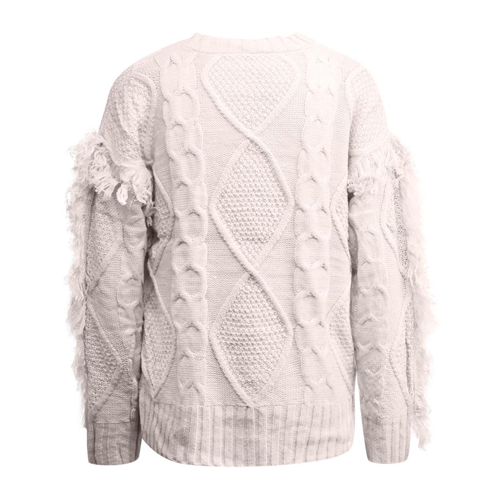 Women's Sweater Casual Round Neck Knit Solid Color Long-sleeved Tassel Pullover