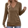 Womens Long Sleeve V Neck Solid Color T Shirt With Buttons Elegant Top
