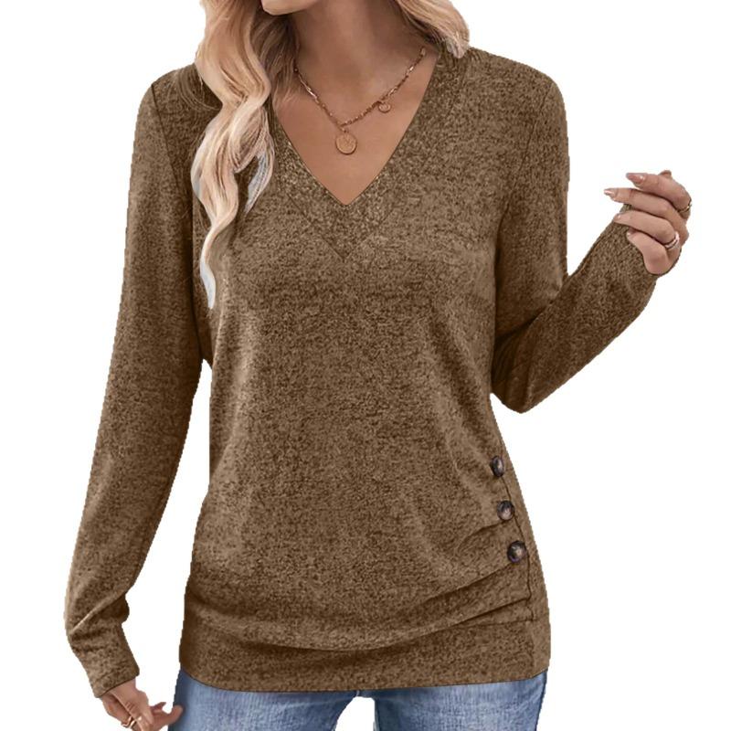 Womens Long Sleeve V Neck Solid Color T Shirt With Buttons Elegant Top