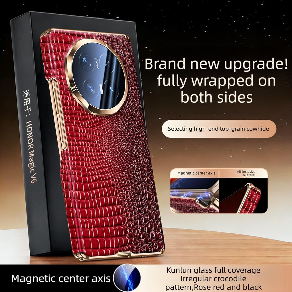 [[Dual-axis Protection] for Honor Magic V6 Case Luxurious Genuine Leather for Magsafe Wireless Charging Premium Back Phone Case