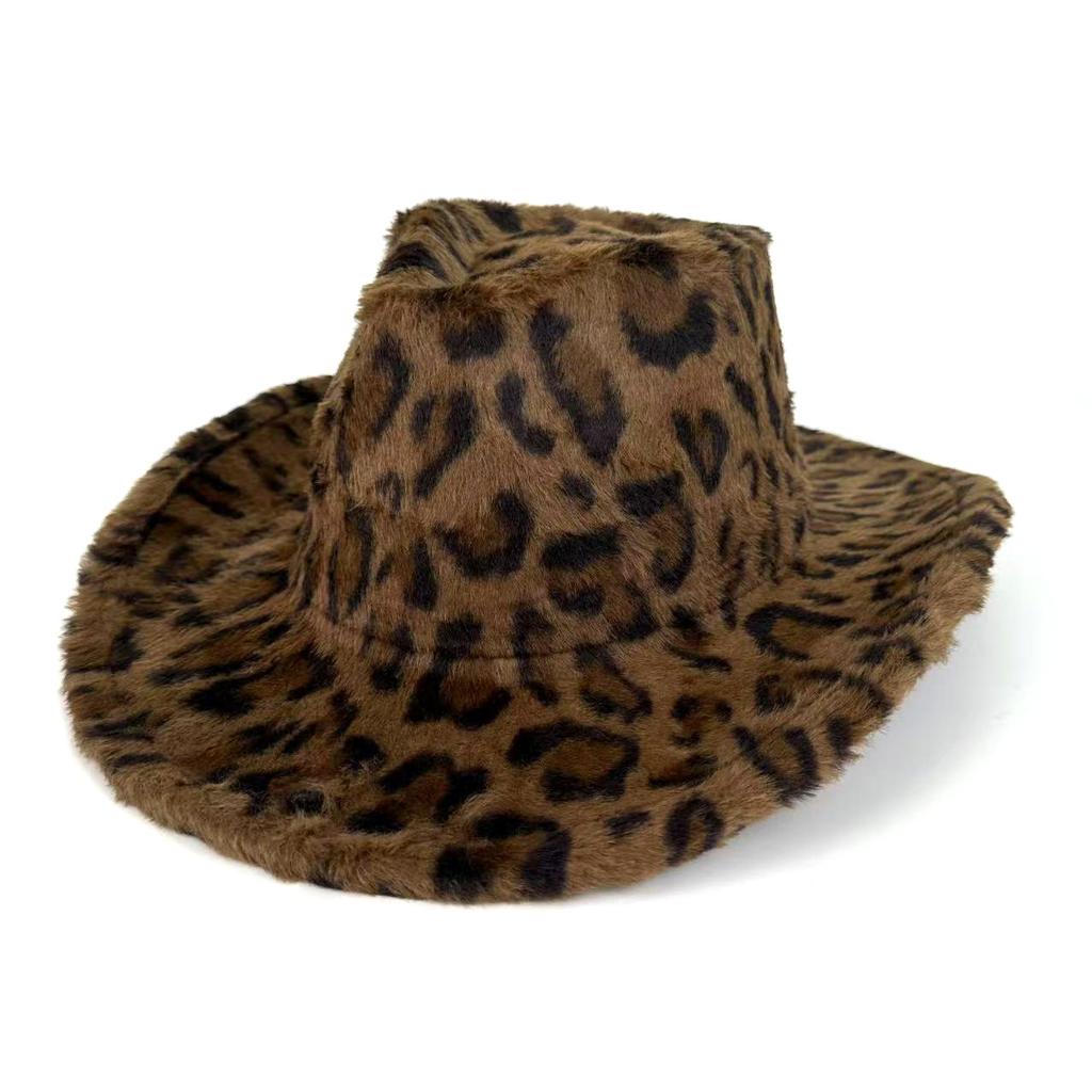Autumn And Winter New Versatile Leopard Print Western Denim Hat Fleece Thickened Versatile Top Hat European And American Style Jazz Hat