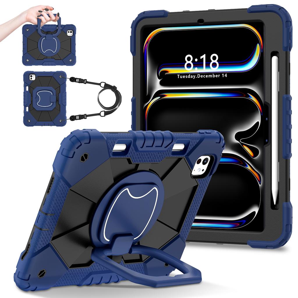 For iPad Pro 11 (2025)/11 (2024) Kickstand Case Silicone+PC Tablet Cover with Shoulder Strap