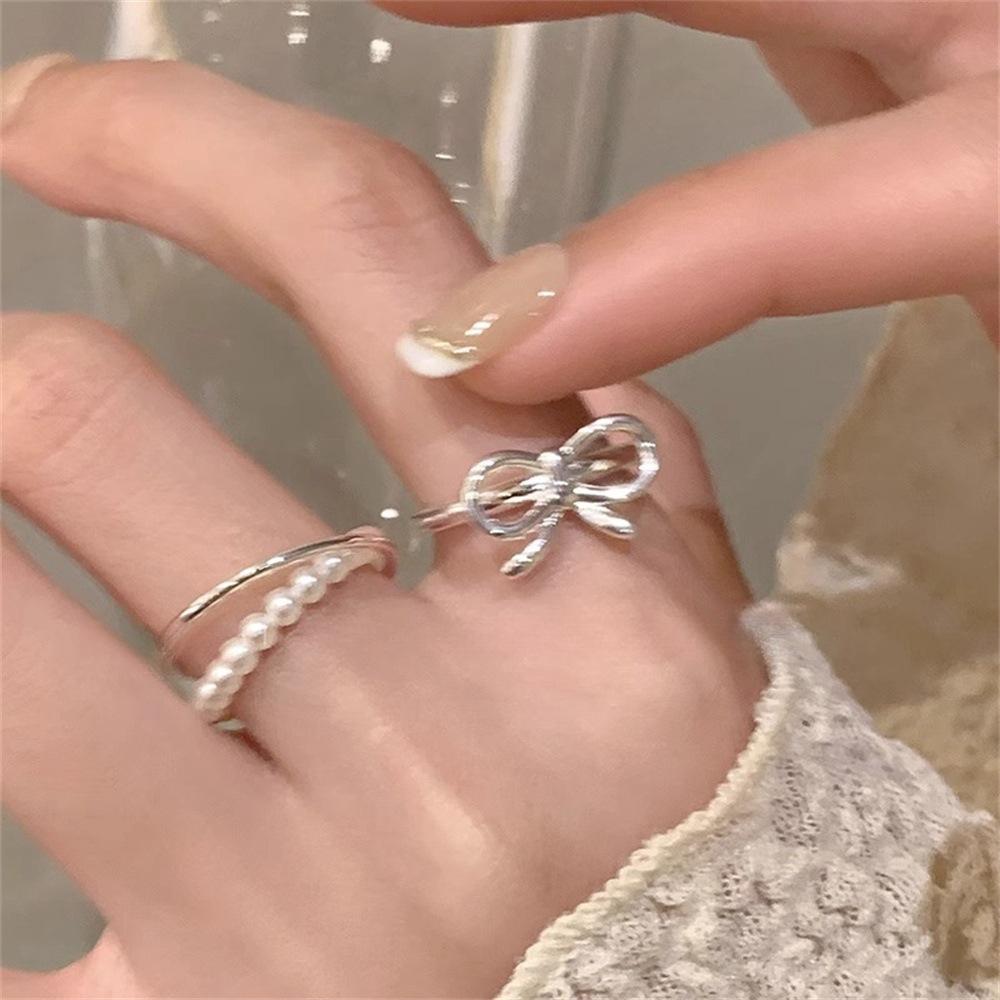 Korean Silver Color Pearl Bowknot Rings for Women Minimalist Elastic Bead Ring Wedding Aesthetic Jewelry