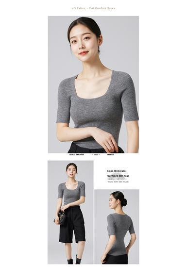 Women's U-neck Merino Wool Sweater - Short Sleeve Pullover, Autumn/Winter Knitwear.