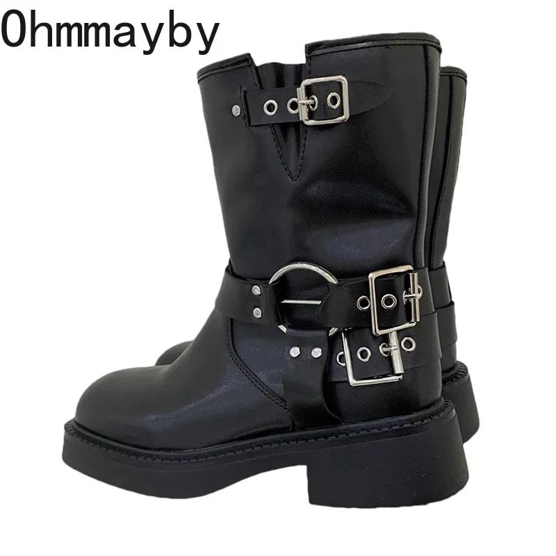 Winter Platform Cowboy Boots Women Shoes Slip On Mid Heel Bota Ladies Retro Mordern Bootties