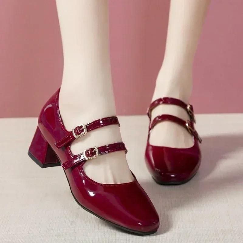Women's Shoes 2025 Fashion Buckle Women Pumps Autumn Mary Jane Square Toe Shallow Solid Dress Party Chunky Heels Shoes Zapato