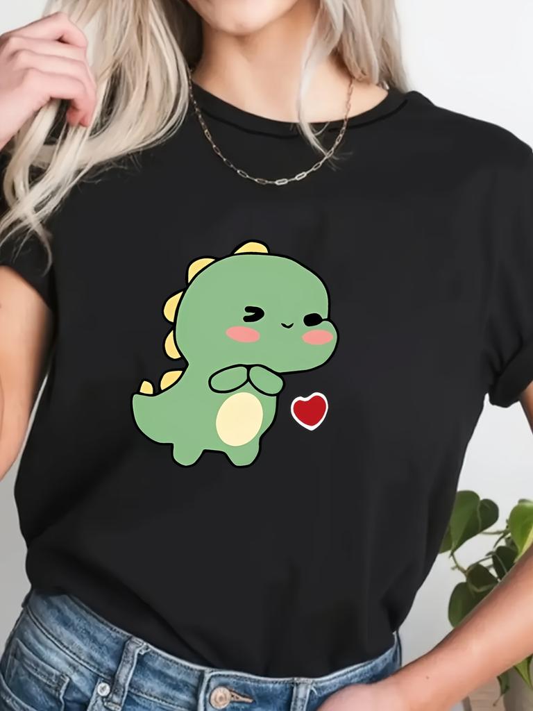 Cute Dinosaur Pattern Casual T-shirt Round Neck Short Sleeve Comfortable Top Women's Versatile T-shirt