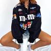 Womens Loose Fit Blue Print Cycling Jacket With Stand Collar Snap Streetwear Style Windbreaker Outdoor Sports