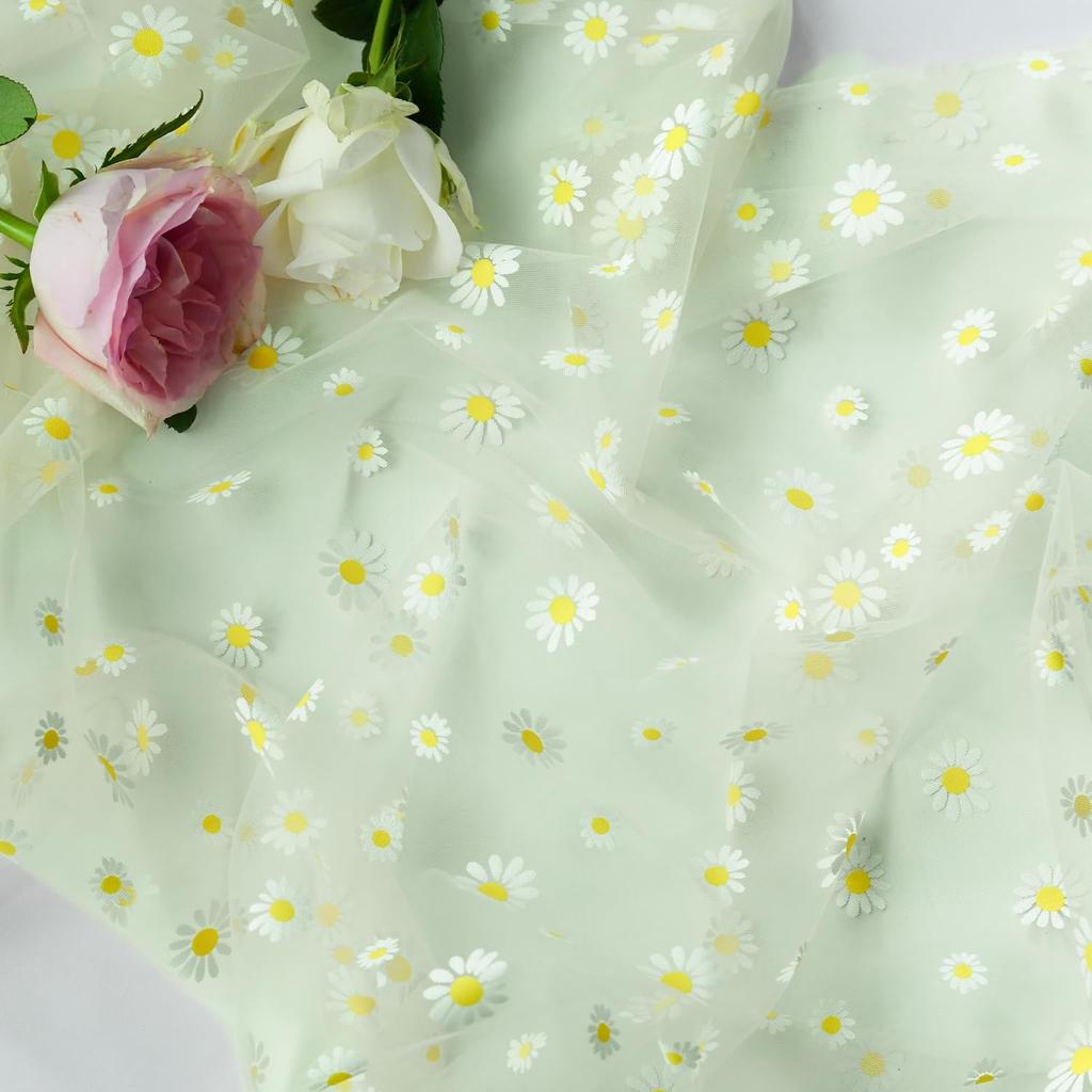 Grüner Gänseblümchen Netz-Gaze Tischläufer, Frischer Stil Durchsichtiger Chiffon-Netz-Blumen Tischdekoration Für Weihnachten Hochzeit Party