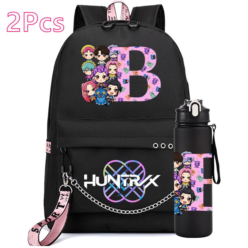2Pcs/set 26 English Letter K-pop Printed Backpack with 750Ml Water Bottler for Teenager Girl Boy Bookbag Kid Gift Large Capacity Waterproof Travel Bag