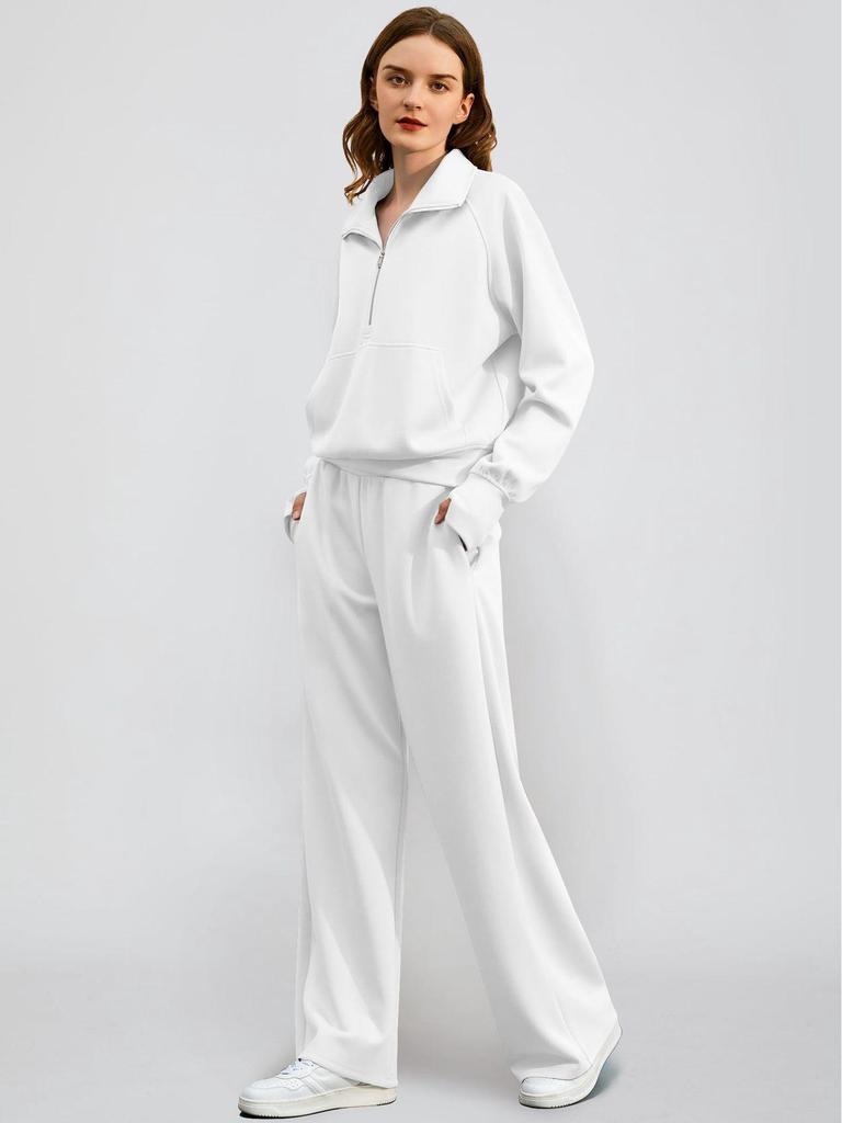 European & American Women's Casual Zipper Sweatshirt and Wide Leg Sweatpants Set